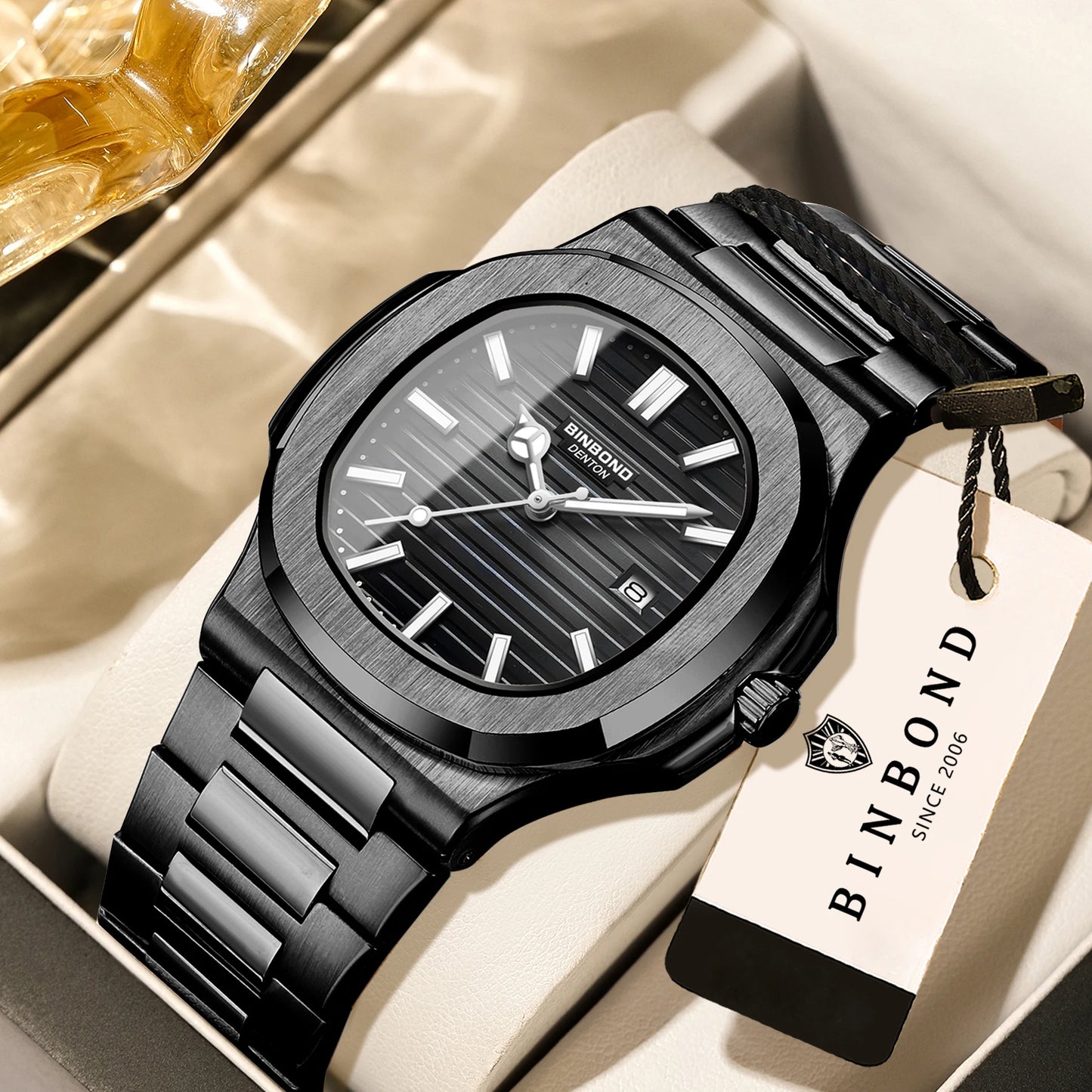 BINBOND sturdy stainless steel strap quartz wristwatches for men luxury luminous waterproof auto date accurate men's watch reloj