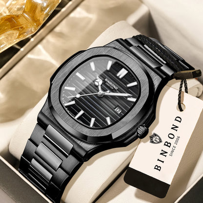 BINBOND sturdy stainless steel strap quartz wristwatches for men luxury luminous waterproof auto date accurate men's watch reloj