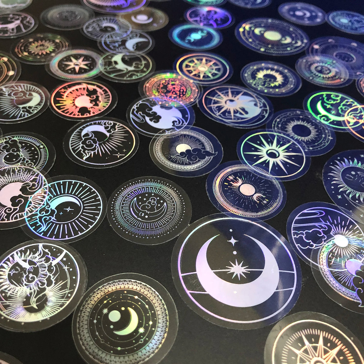 70 pcs PET Adhesive Stickers Waterproof Transparent Laser Silver Stickers Label: SUN MOON Stars Etc