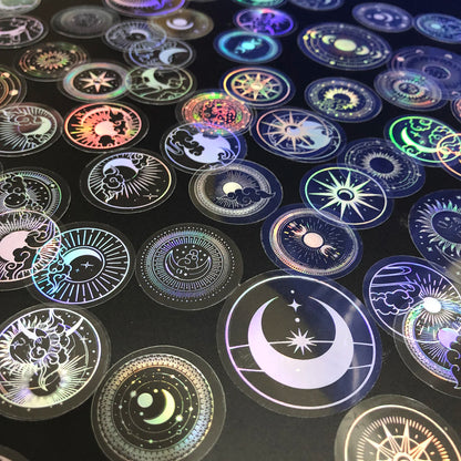 70 pcs PET Adhesive Stickers Waterproof Transparent Laser Silver Stickers Label: SUN MOON Stars Etc