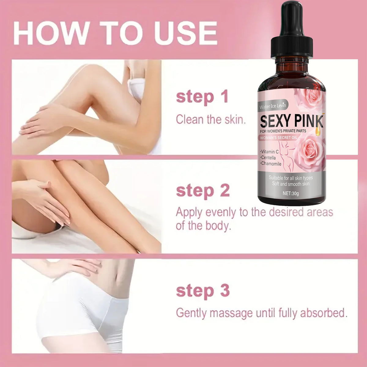 Secret Pink Intimate Oil Vitamin C & Chamomile. Softens, Smoothes, Revitalizes Skin. For Feminine Care. All Skin Types. 30g Net