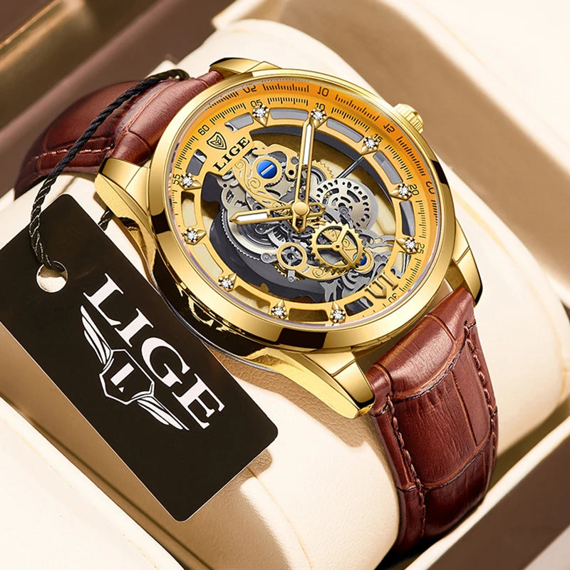 Original LIGE Men Watch Gold Stainless Steel Hollow Skeleton Quartz Watches for Men Fashion Military Waterproof Men Wristwatch
