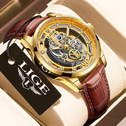 Original LIGE Men Watch Gold Stainless Steel Hollow Skeleton Quartz Watches for Men Fashion Military Waterproof Men Wristwatch