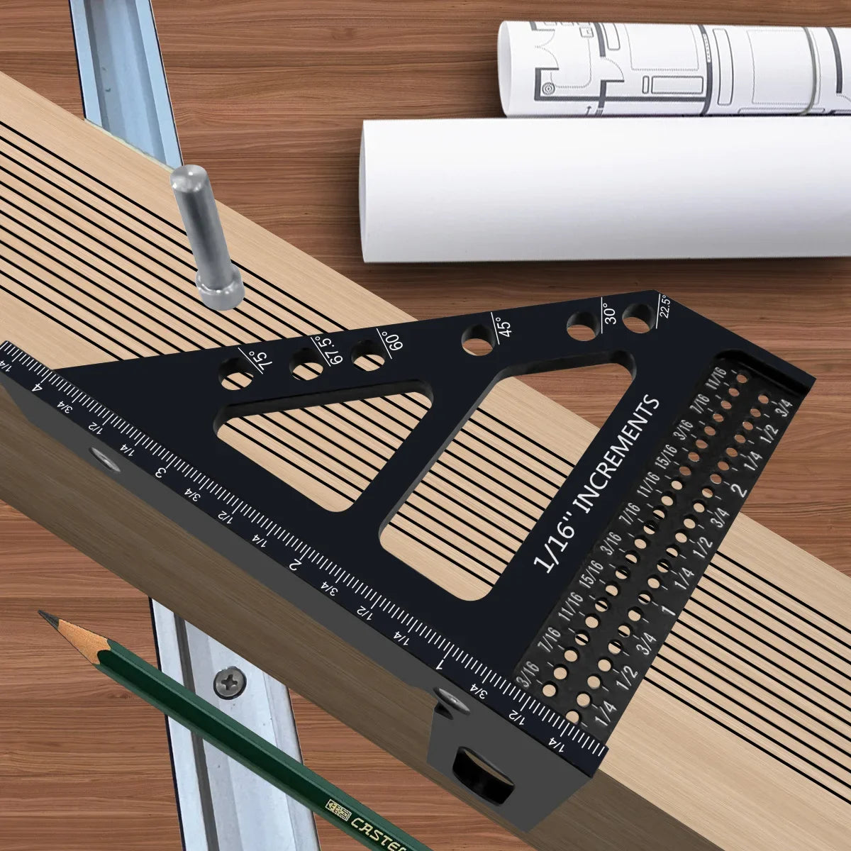 3D Multi-Angle Woodworking Square Protractor, Aluminum Alloy Miter Triangle Ruler T-Type Scriber - 22.5/30/45/60/67.5/90 Degree