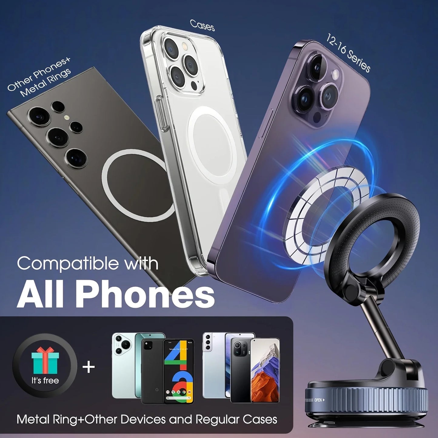 Magnetic Suction Cup Phone Mount for Magsafe 360° Adjustable Magnetic Car Phone Holder Pocket Size Foldable Car Mount