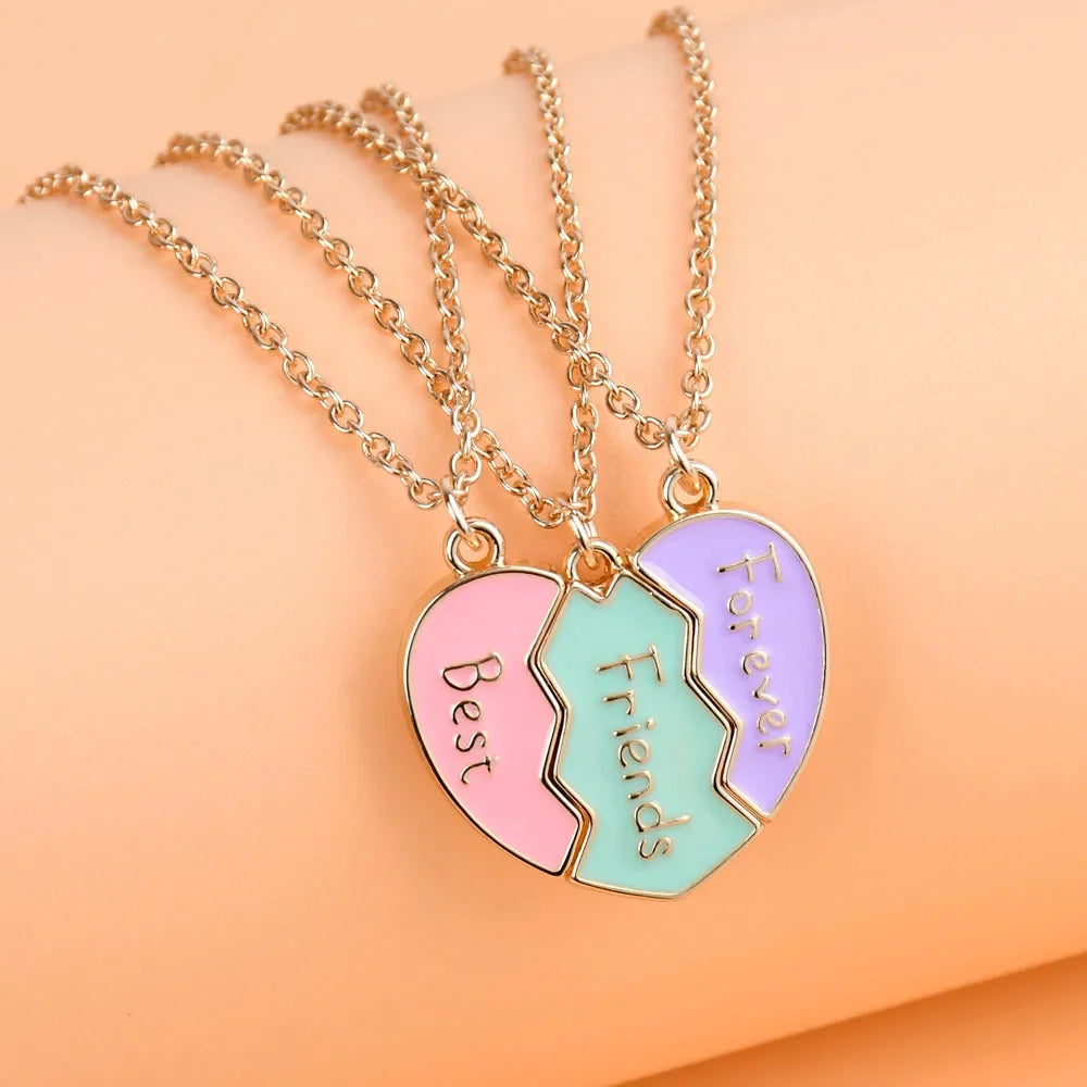 Lovecryst 3Pcs/set Cute 3-color Heart Broken Stitching Magnetic Best Friend Necklace for Girls BFF Friendship Jewelry Gift
