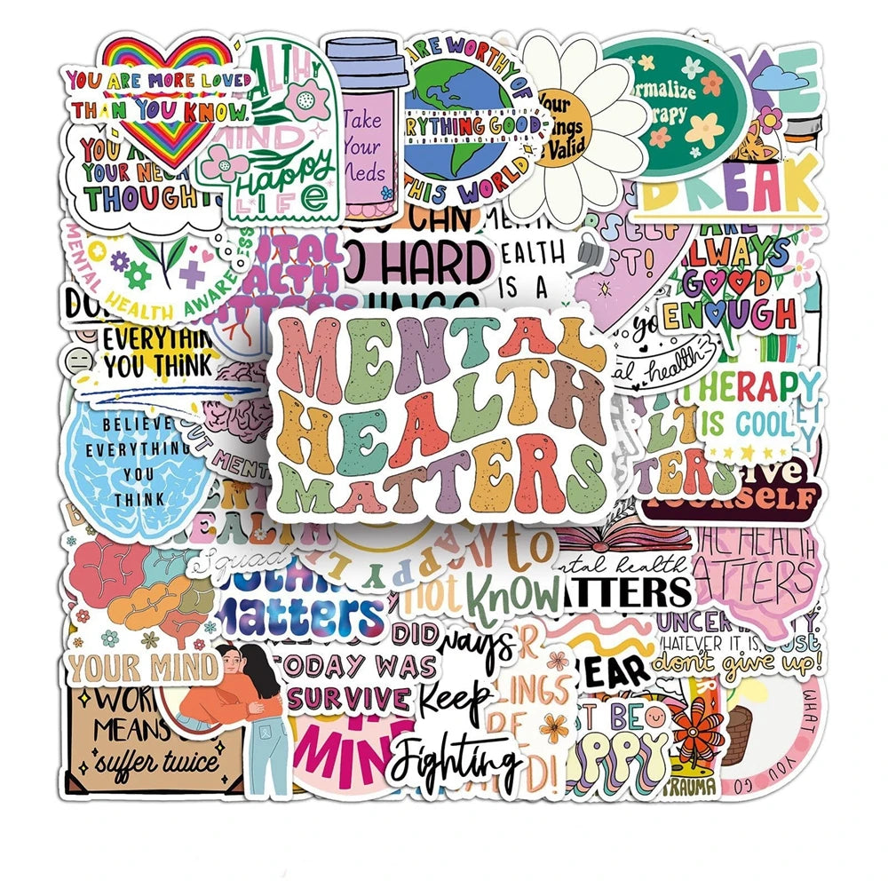 50/100PCS Mental Health Motivational Phrase Theme Stickers Cartoon Graffiti Decal DIY Phone Fridge Helmet Laptop Car Stickers