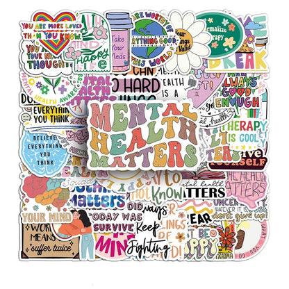 50/100PCS Mental Health Motivational Phrase Theme Stickers Cartoon Graffiti Decal DIY Phone Fridge Helmet Laptop Car Stickers