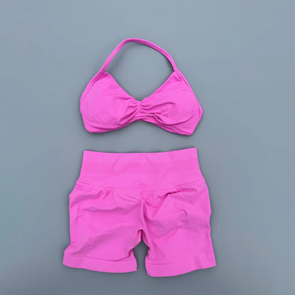 2 Piece Sports Gym Set Strappy Bra Yoga Underwear Short Sport Leggings Bicycle Running Sportswear Woman Seamless Yoga Set