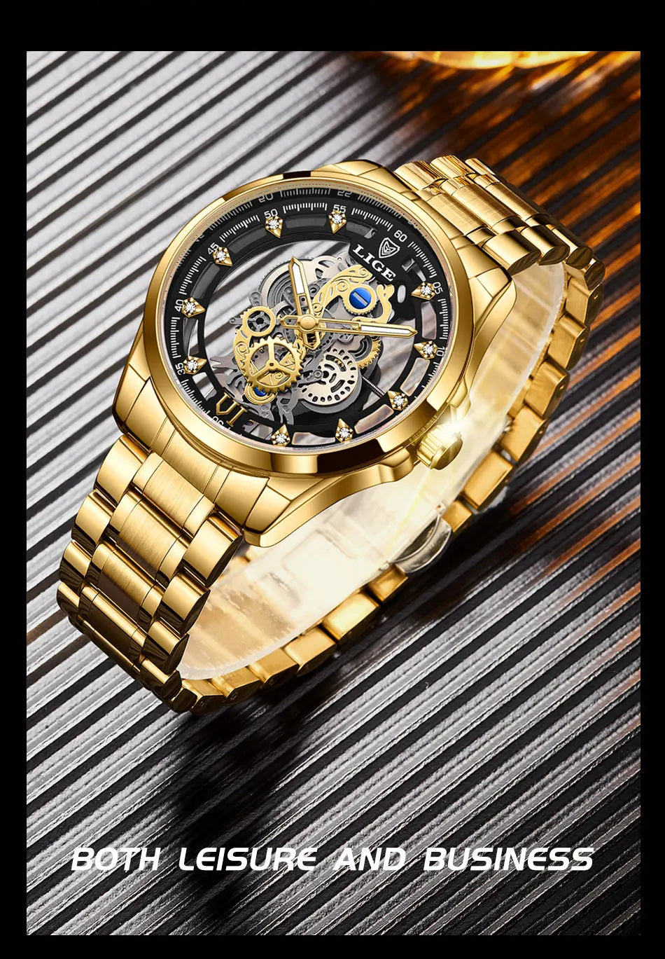 Original LIGE Men Watch Gold Stainless Steel Hollow Skeleton Quartz Watches for Men Fashion Military Waterproof Men Wristwatch