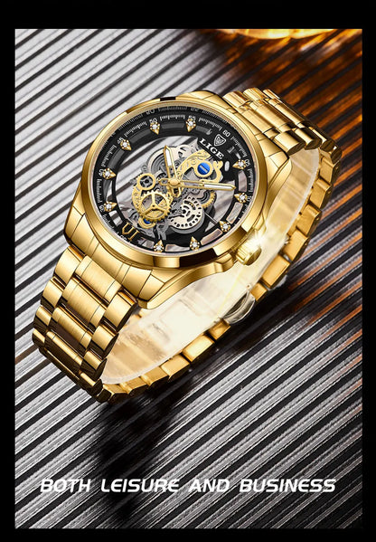 Original LIGE Men Watch Gold Stainless Steel Hollow Skeleton Quartz Watches for Men Fashion Military Waterproof Men Wristwatch