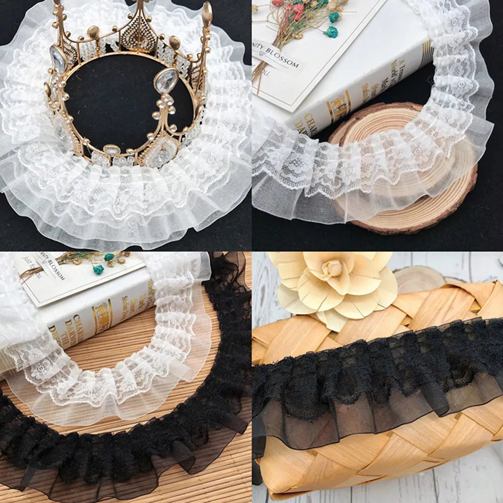 5CM Wide New Double Layers 3D Pleated Chiffon Lace Ruffle Trim Fluffy Dress Pettiskirt Curtains Splicing Cloth Sewing Deocration