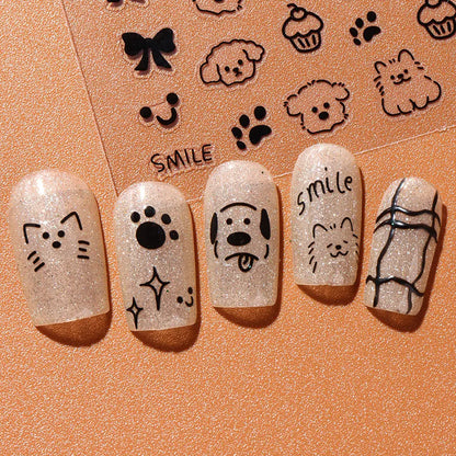2pcs 3D Cute Silver Smile Dog Decals Y2K Cartoon Cat Footprint Nail Stickers Graffiti Star Heart Bowknot Manicure Slider Decor