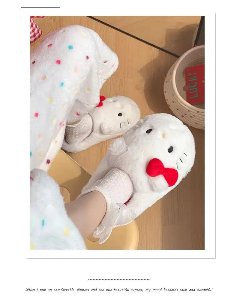 Kawaii Hellokitty Anime Warm Cotton Slippers Autumn Winter Thick Anti Slip Cartoon Plush House Slippers For Girls Surprise Gifts
