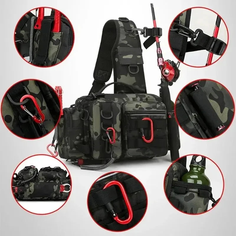 Large Capacity Fishing Gear Bag with Bait Box, 3-in-1 Shoulder Waist Crossbody Fishing Rod Storage Bag