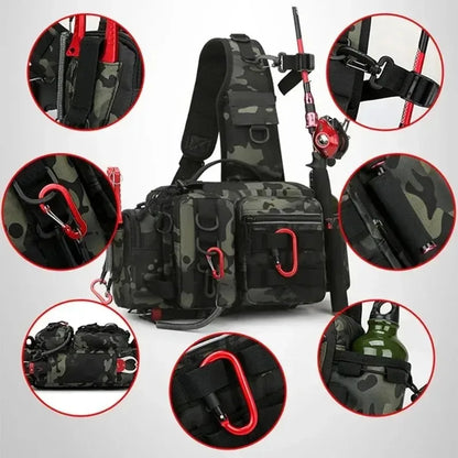 Large Capacity Fishing Gear Bag with Bait Box, 3-in-1 Shoulder Waist Crossbody Fishing Rod Storage Bag