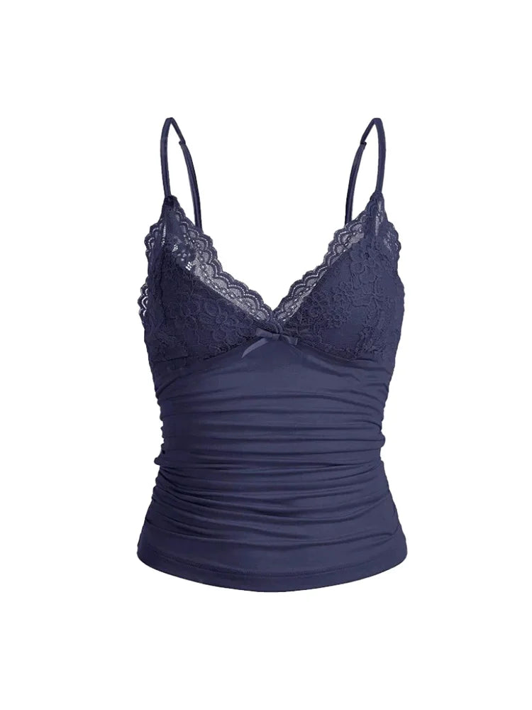 Contrast-Lace Bow-Front Cami Crop Top