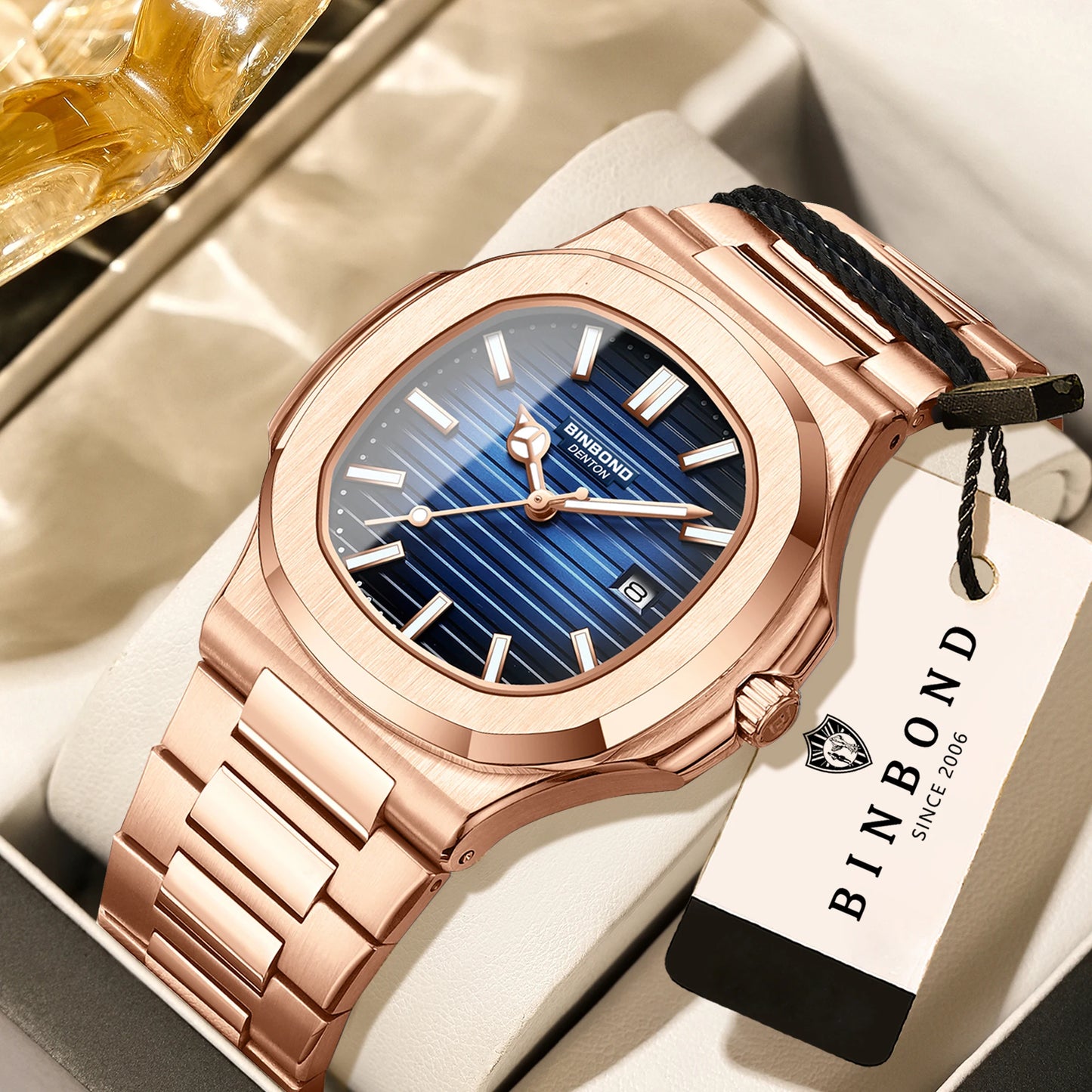 BINBOND sturdy stainless steel strap quartz wristwatches for men luxury luminous waterproof auto date accurate men's watch reloj