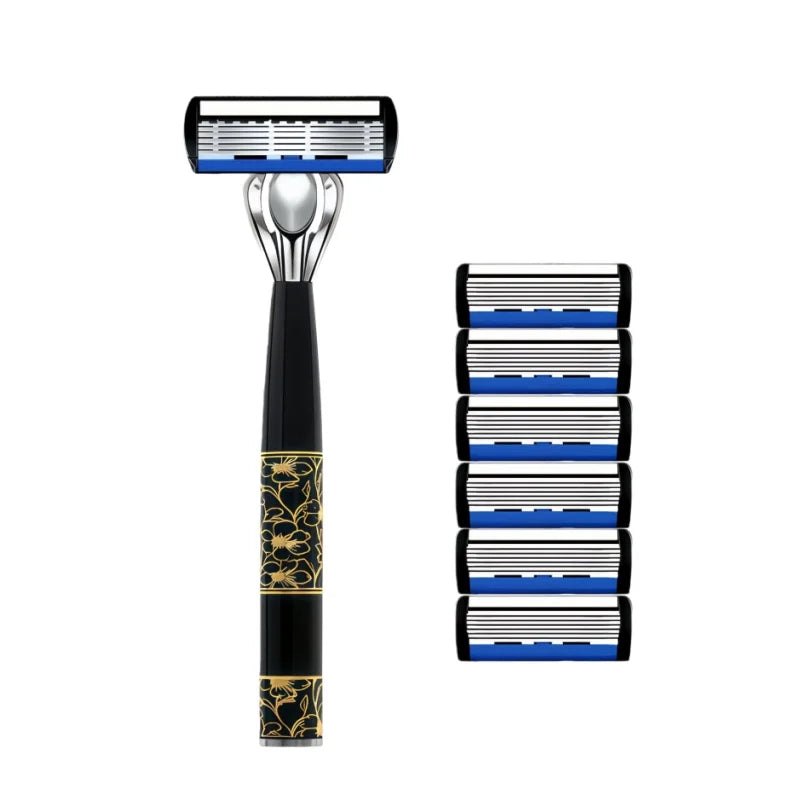 Razor Classic 6 Layer Safety Razor For Men Shaving Hair Removal Shaving Blades Manual Shaver Green 1 Handle With 3 Blades Razors