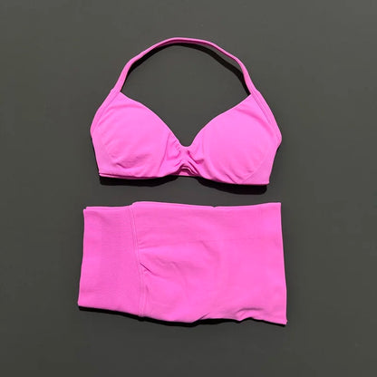 2 Pieces Yoga Gym Set Women Seamless Strappy Yoga Bra High Waist Workout Scrunch Shorts Sports Set Fitness Clothes Sportswear