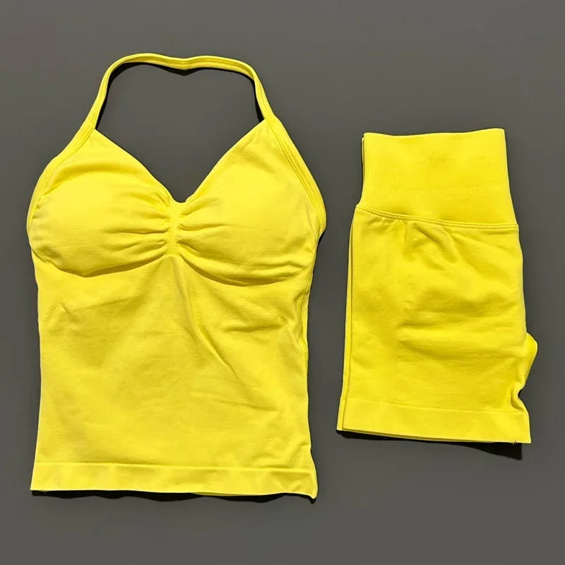 Yoga 2 Pieces Gym Set Women Backless Halter Tops High Waist Seamless Shorts Gym Suit Fitness Sports Bras Sportswear Workout Sets