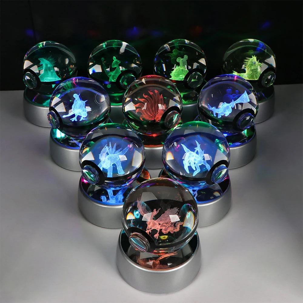 Pokemon 3D Crystal Ball Pikachu Gengar Eevee Mewtwo Anime Game Pokeball Led Night Light Base Kids Birthday Gift Home Decoration