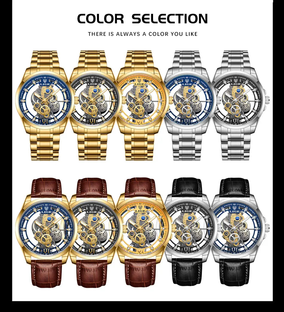 Original LIGE Men Watch Gold Stainless Steel Hollow Skeleton Quartz Watches for Men Fashion Military Waterproof Men Wristwatch