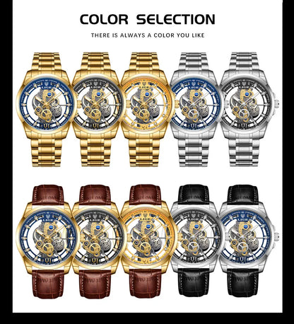 Original LIGE Men Watch Gold Stainless Steel Hollow Skeleton Quartz Watches for Men Fashion Military Waterproof Men Wristwatch