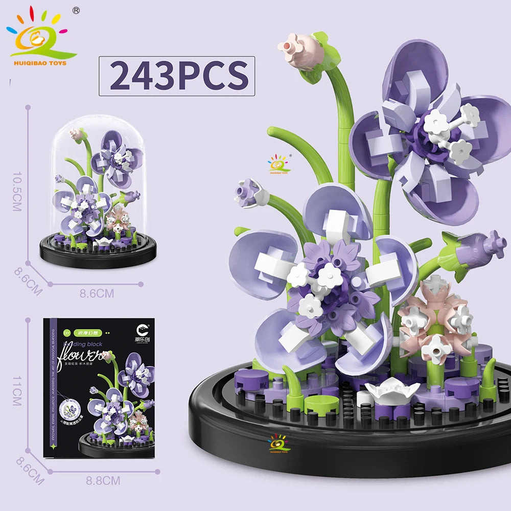 HUIQIBAO MOC Eternal Bouquet Display Box Micro Building Blocks Flower Model DIY Home Desk Plant Decoration Brick Toy For Childre