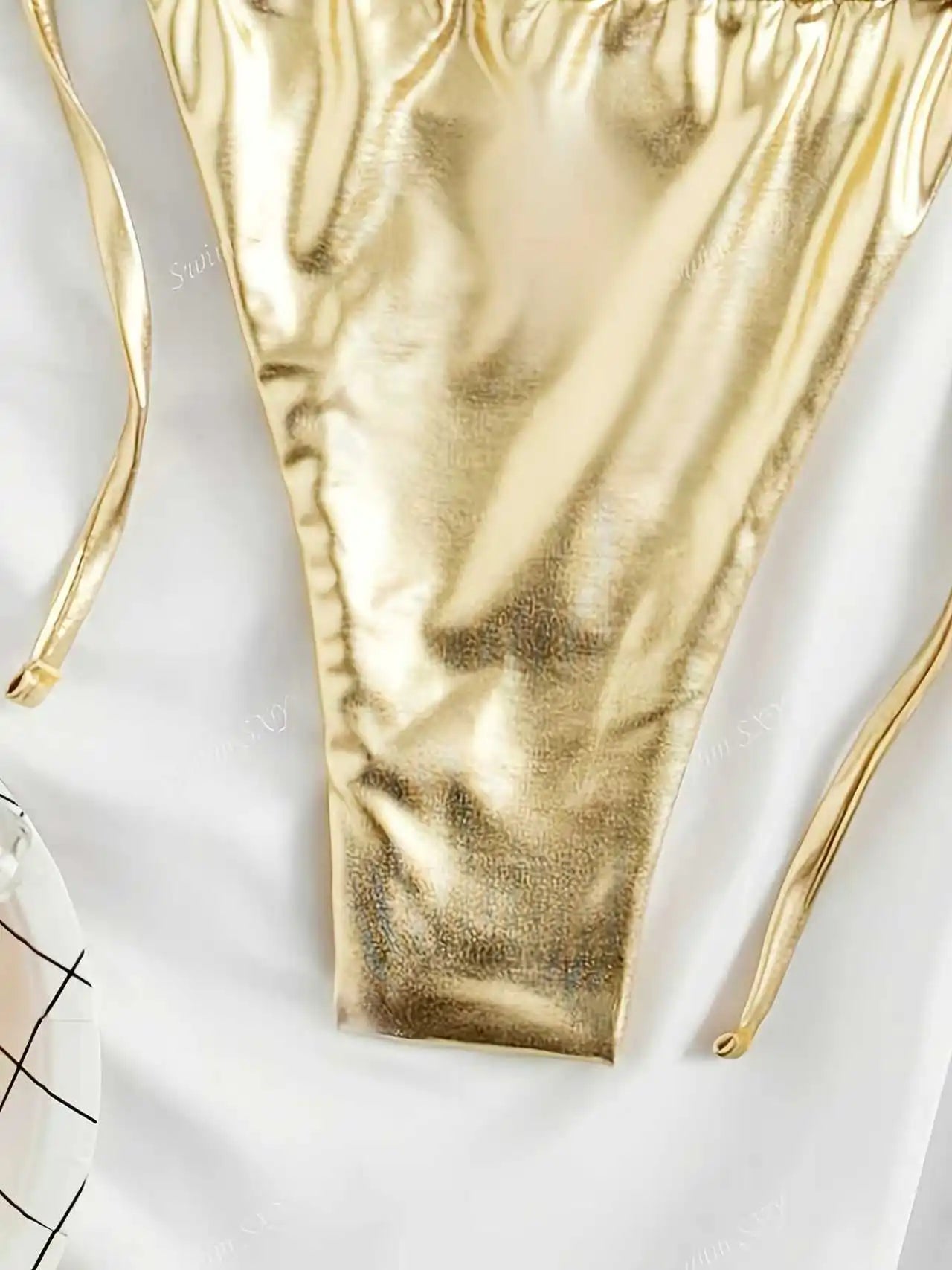 Women Bikini Set 2025 Summer Metallic Gold Shiny Halter Triangle Tie Side String Sexy Swimwear Female Beach Vacation Bathing Sui