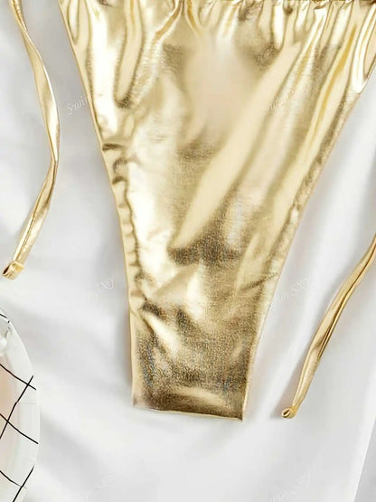 Women Bikini Set 2025 Summer Metallic Gold Shiny Halter Triangle Tie Side String Sexy Swimwear Female Beach Vacation Bathing Sui