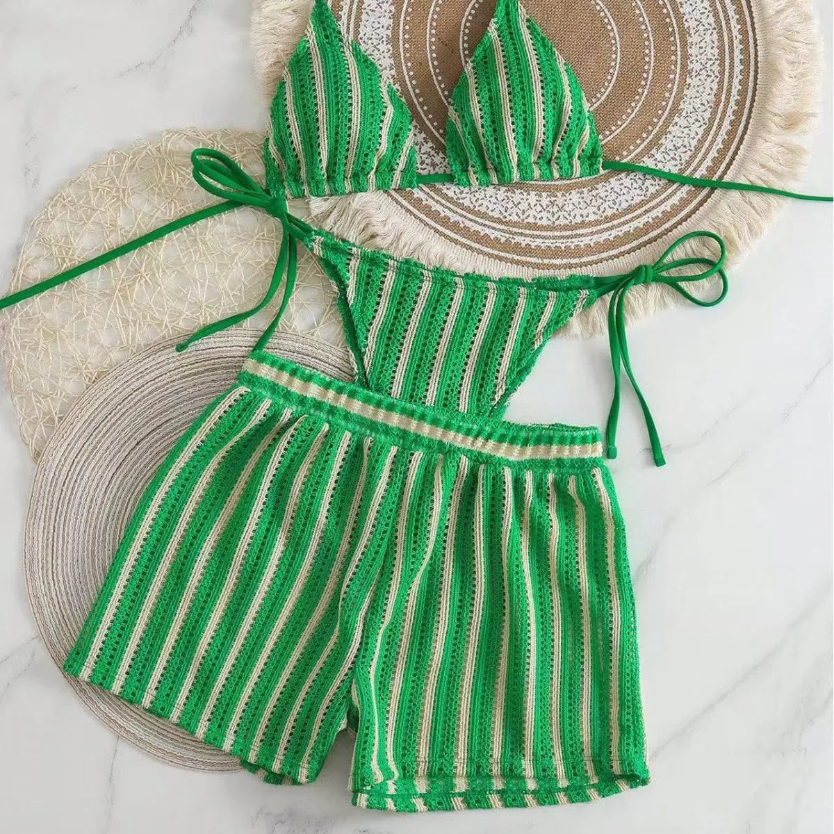 2026 new style boxer shorts mesh three-piece women's swimsuit neck lace-up bikini set