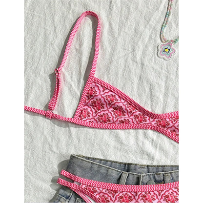 S - XL Flowers Printed High Leg Cut Bikini Female Swimsuit Women Swimwear Two-pieces Bikini set Bather Bathing Suit Swim V6965