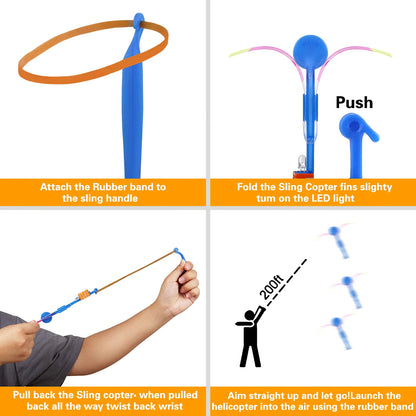 Outdoor Flash Rocket toy LED Lights Glowing Slingshot Rocket Helicopter Flying Toy kid's Party Fun Gift Rubber Band Ejector Toys