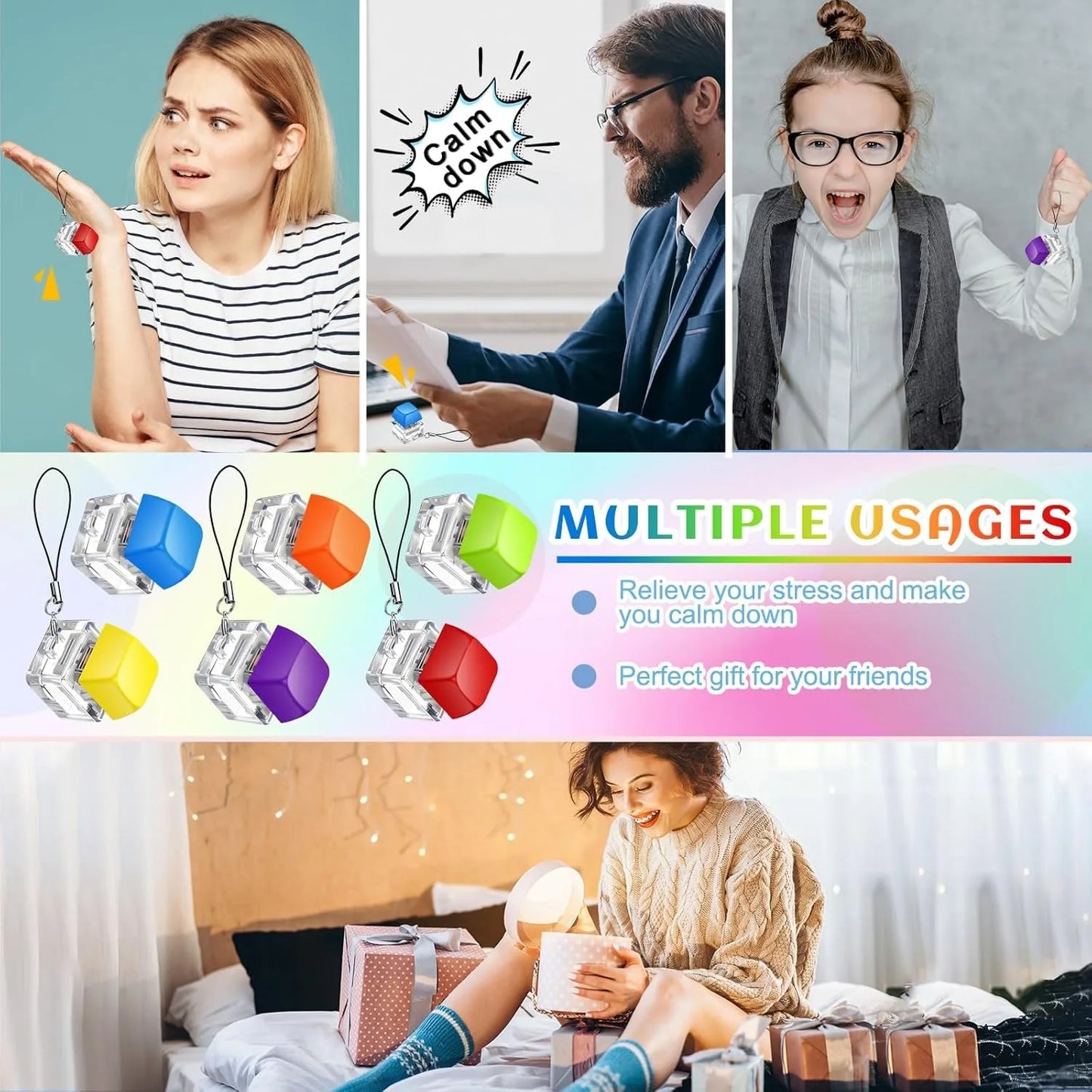 3/6PCS Keyboard Fidget Toy Keyboard Keychain Decompression Toys Button Stress Relief Gifts for Office School