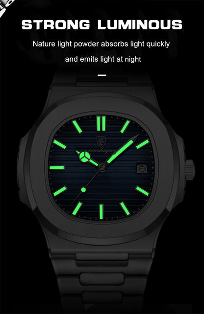 POEDAGAR Fashion Square Quartz Man Clock Waterproof Luminous Date Stainless Steel Watches For Men Luxury Business Men Wristwatch