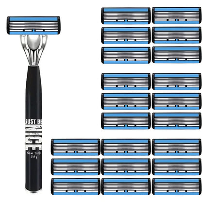 Men's 6-Blade Manual Razor with Non-Slip Handle and Multiple Replacement Blades - Ideal for Trimming Beards and Mustaches