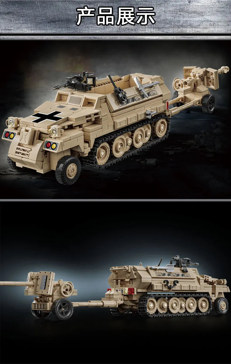 World War 2 WW2 Army Military Soldiers SWAT Half Tracked Armor Vehicle Trailer Assemble Building Blocks Bricks Children's Toys