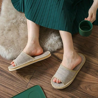 Linen Open Toe House Slippers for Women Men Breathable Flax Indoor Slip On Slides Lightweight Cozy Slippers Casual Floor Shoes