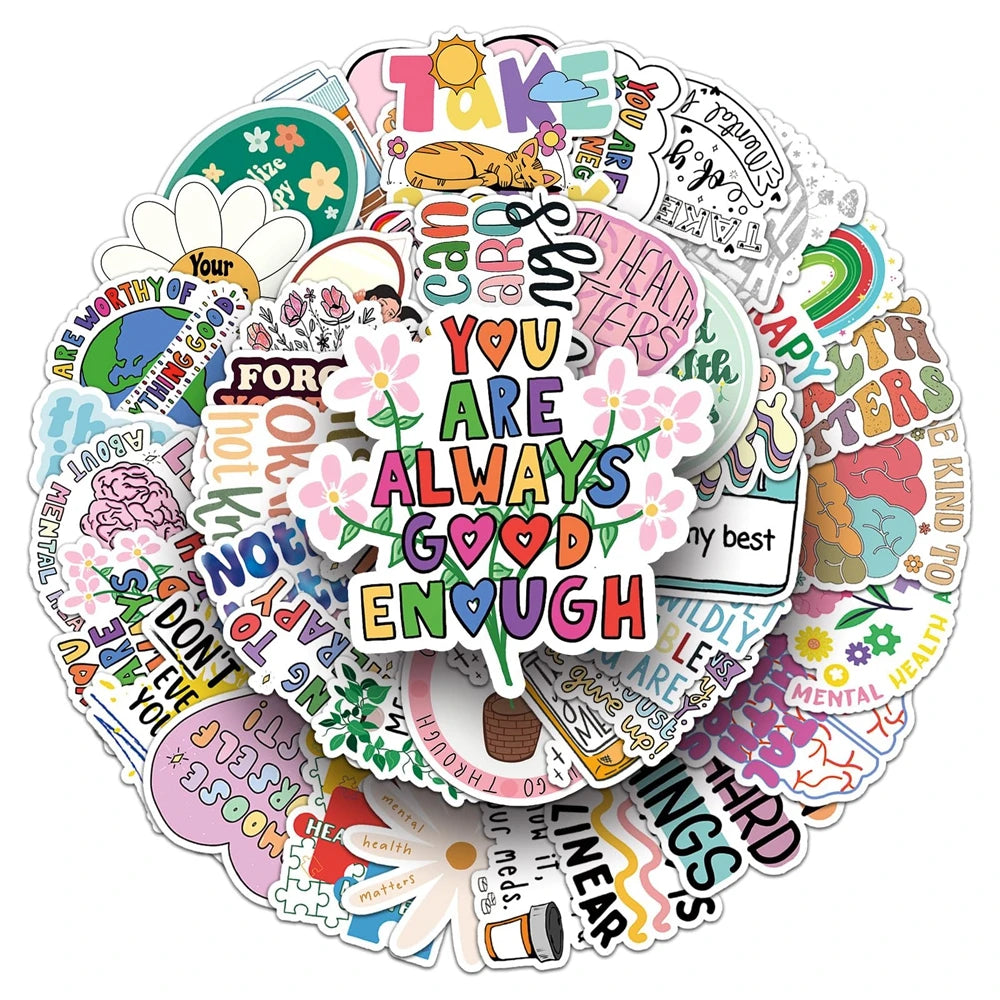 50/100PCS Mental Health Motivational Phrase Theme Stickers Cartoon Graffiti Decal DIY Phone Fridge Helmet Laptop Car Stickers