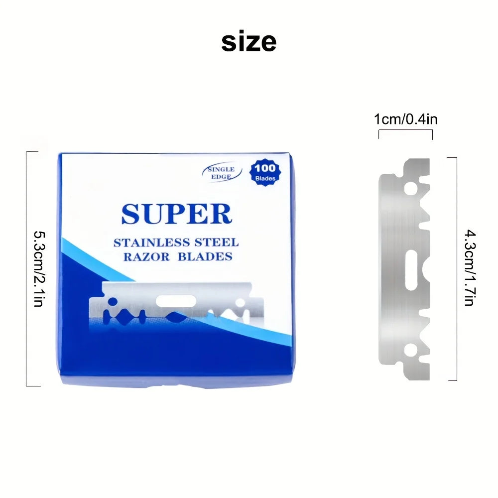 100PCS Single-Sided Razor Blades - Stainless Steel Safety Razors for Men, Barber-Grade Shaving Tools