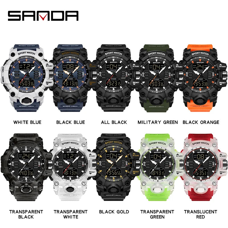 SANDA Outdoor Sports Military Mens Watch LED Digital Electron Quartz Male Wristwatch Dual Display Clock Men Relogio Masculino