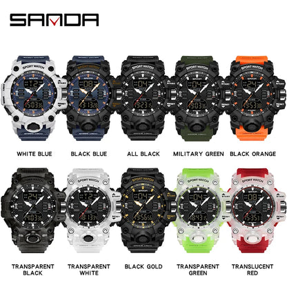 SANDA Outdoor Sports Military Mens Watch LED Digital Electron Quartz Male Wristwatch Dual Display Clock Men Relogio Masculino