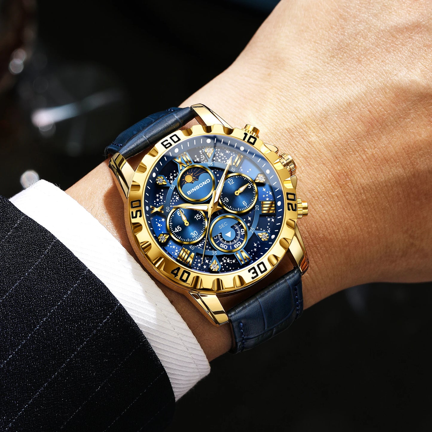 BINBOND Genuine accurate quartz wristwatches for men luxury luminous waterproof chronograph leather strap men's watch reloj