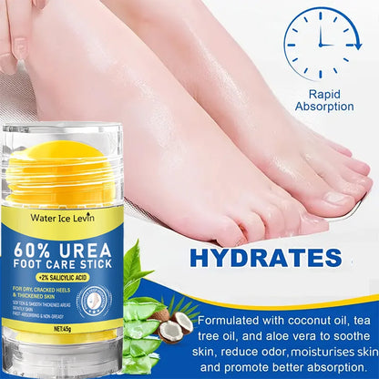 60% Urea Foot Stick 2% Salicylic Acid Smooths. Softens Cracked Heels and Thickened Skin. Fast Absorbing. Tea Tree Coconut. 45g.