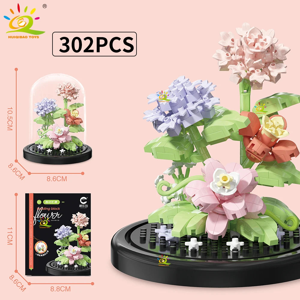 HUIQIBAO MOC Eternal Bouquet Display Box Micro Building Blocks Flower Model DIY Home Desk Plant Decoration Brick Toy For Childre