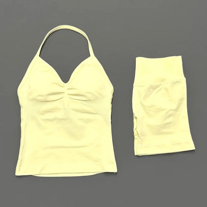 Yoga 2 Pieces Gym Set Women Backless Halter Tops High Waist Seamless Shorts Gym Suit Fitness Sports Bras Sportswear Workout Sets