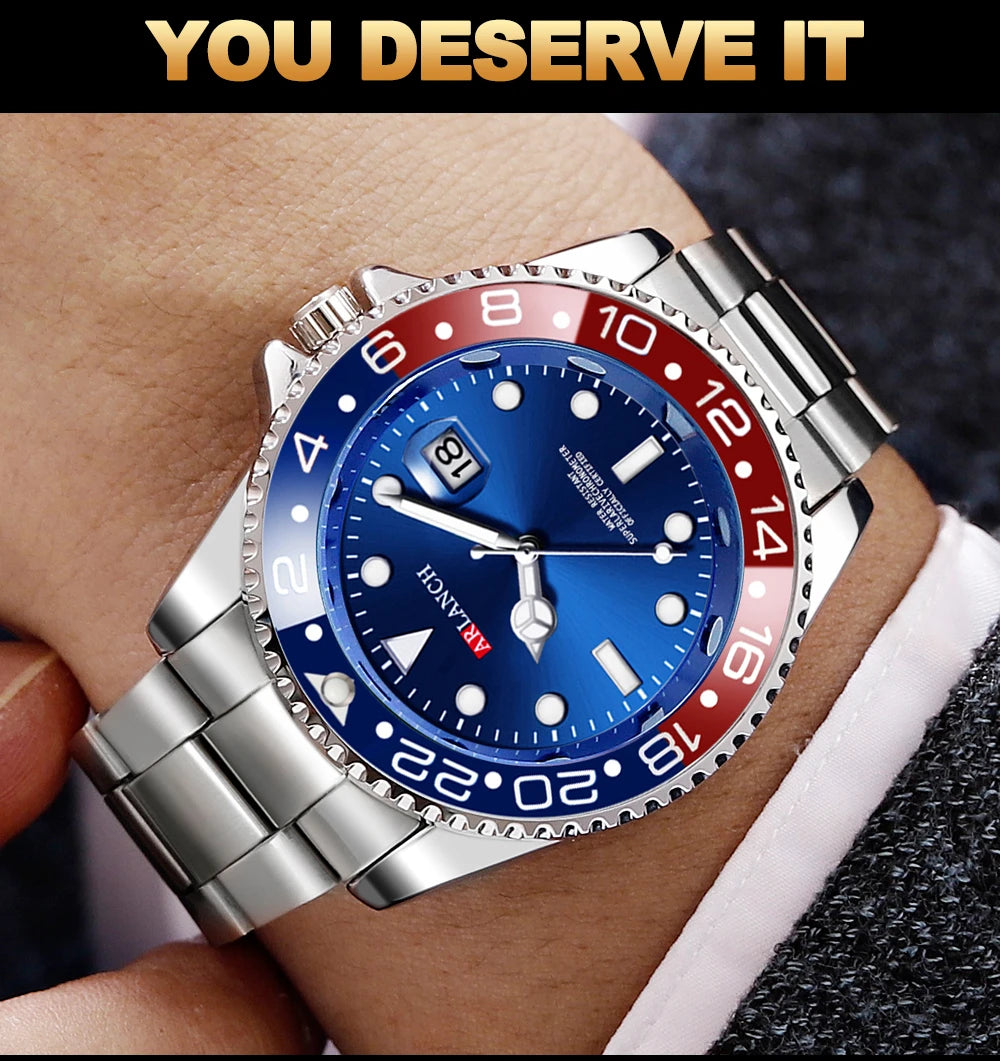 Business Stainless Steel Watch 40mm Classic Red Blue Circle Diving Series Magnifying Glass Calendar Quartz Watches montre homme