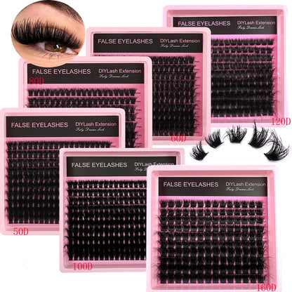 50D-160D 8D Luxury Fluffy DIY Cluster Lashes - 8-16mm Mixed Length Eyelash Extension 0.07mm Russian D Curl Thick And Reusable