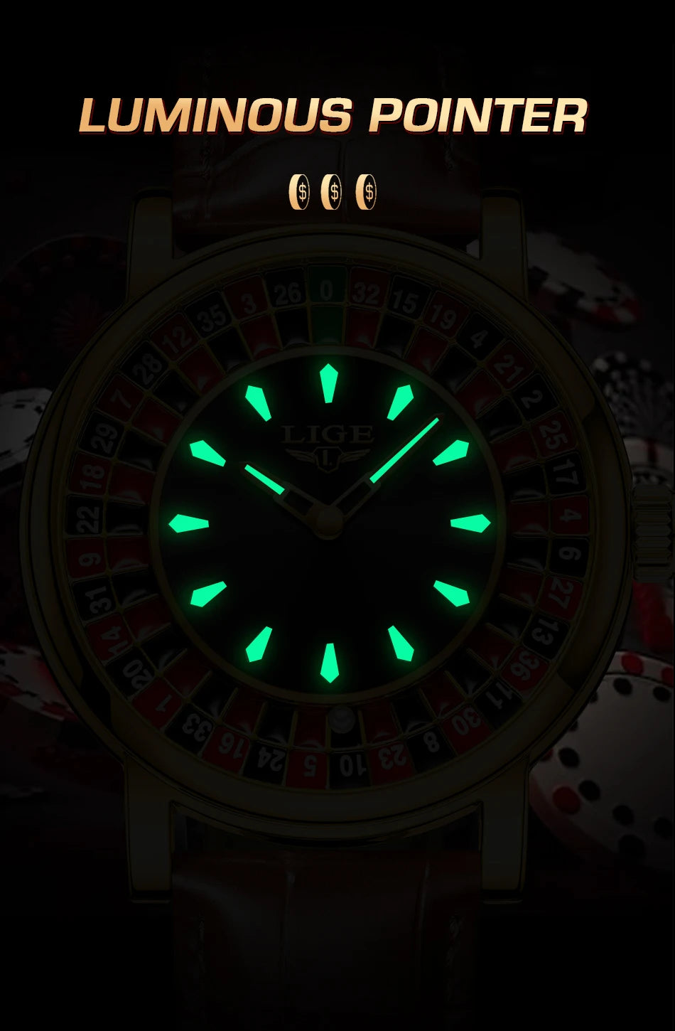 LIGE Fashion Men Watch Rotating Dial Las Vegas Roulette Desktop Theme Watch Men Waterproof Luminous Clock Watches Creative Clock